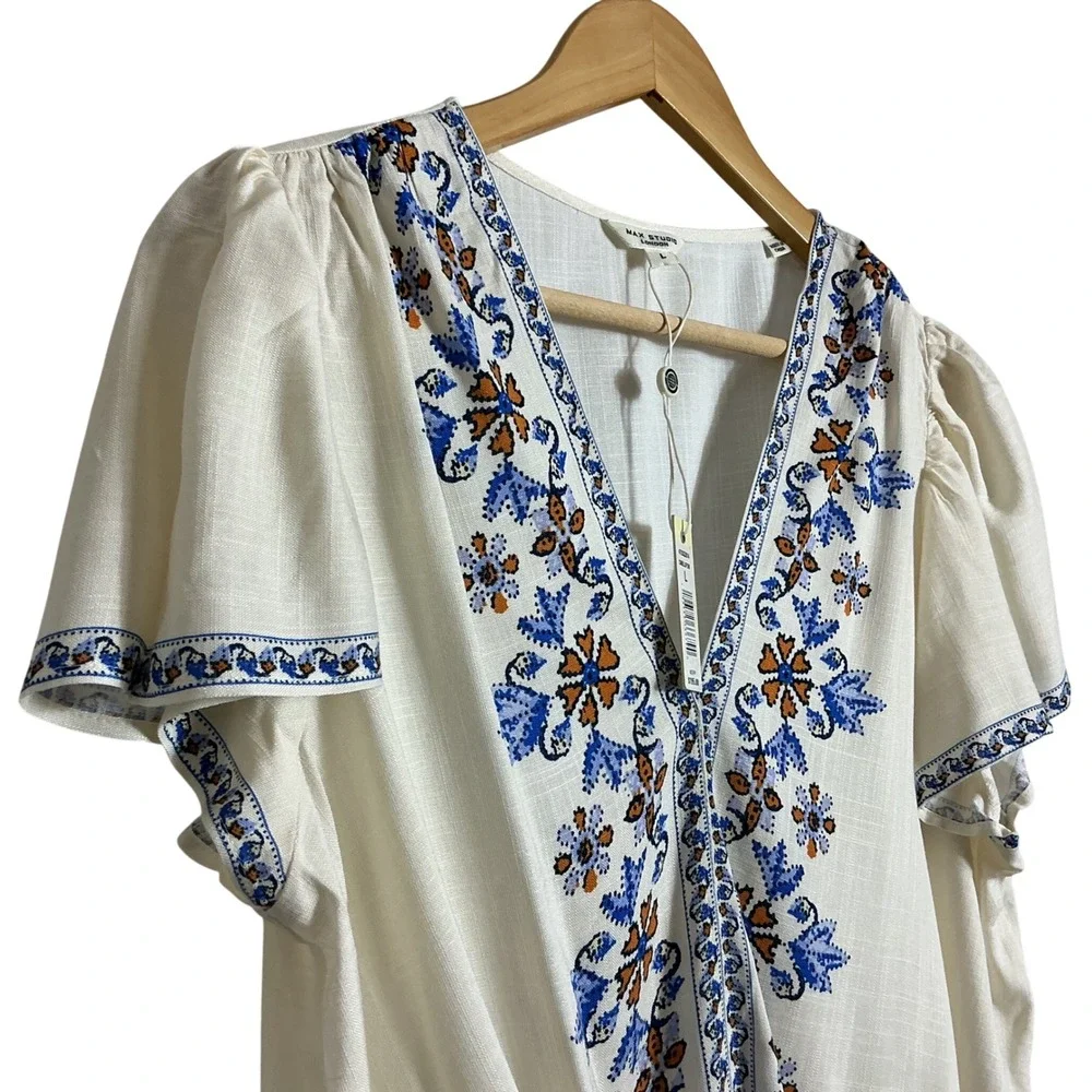 Max Studio Large Ivory Tie Front Flutter Sleeve Top V-Neck Boho Peasant NEW